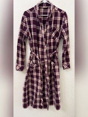 Duluth Trading Burgundy Plaid Women's Free Swingin' Flannel Robe - S